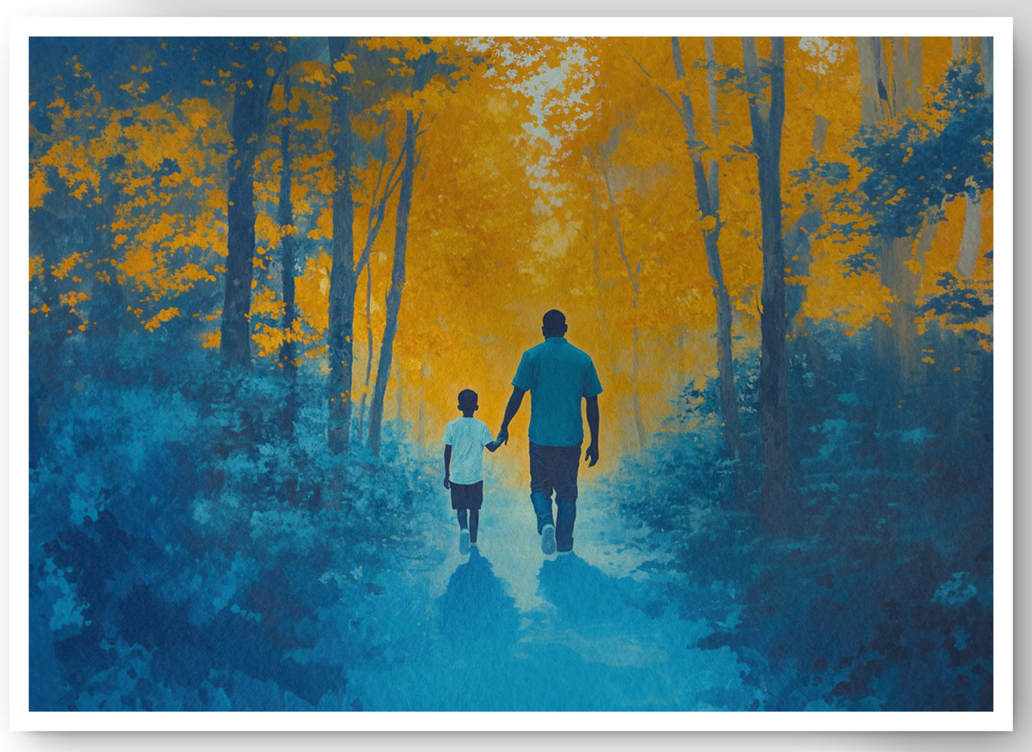 Black Father and Child Blue Forest Black family wall art canvas print by MoomZee Artwork