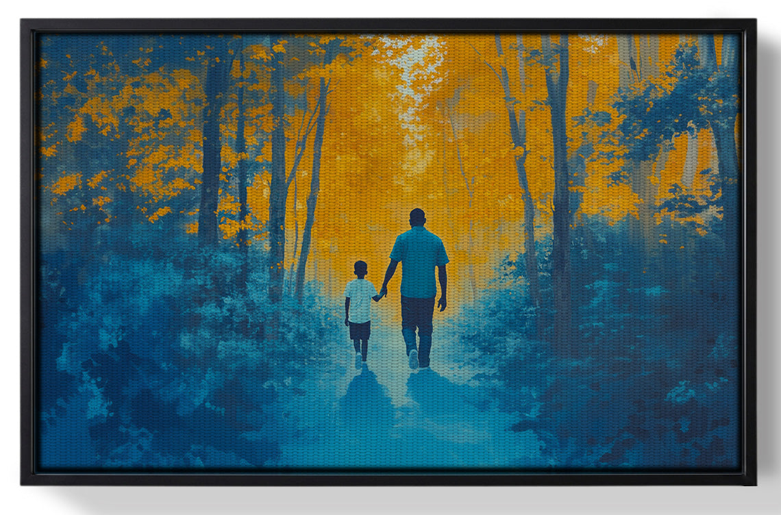 Framed Black Father and Child Blue Forest Black family wall art for home decor