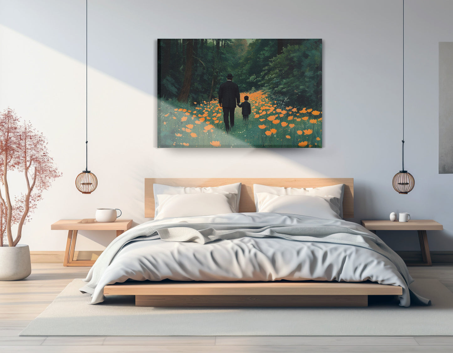 Black Father and Child Flower Field Black family wall art displayed as bedroom wall decor