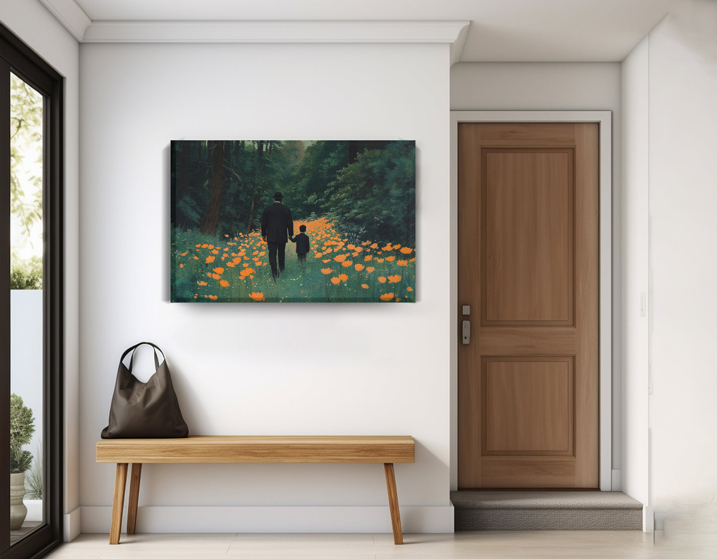 Black Father and Child Flower Field Black family wall art displayed as entryway wall decor