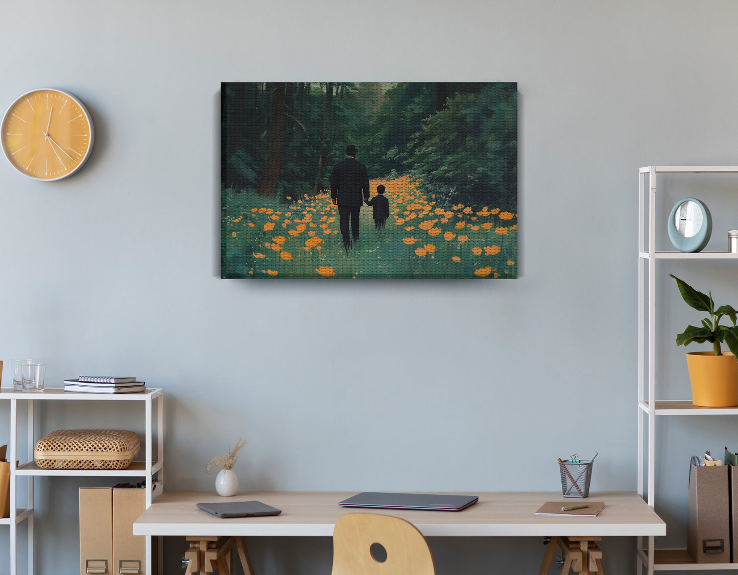 Black Father and Child Flower Field Black family wall art displayed as office wall decor