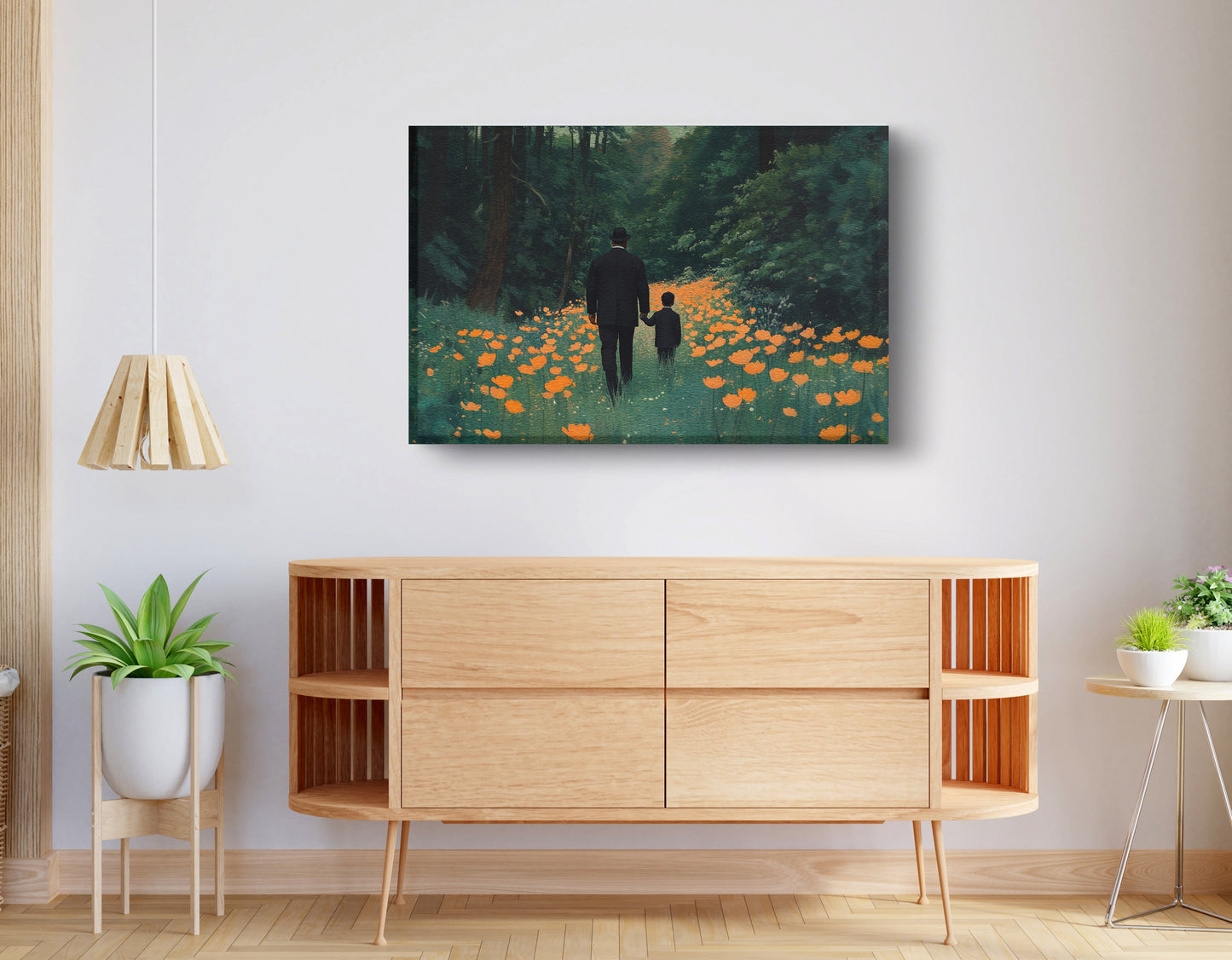 Black Father and Child Flower Field Black family wall art displayed as living room wall decor