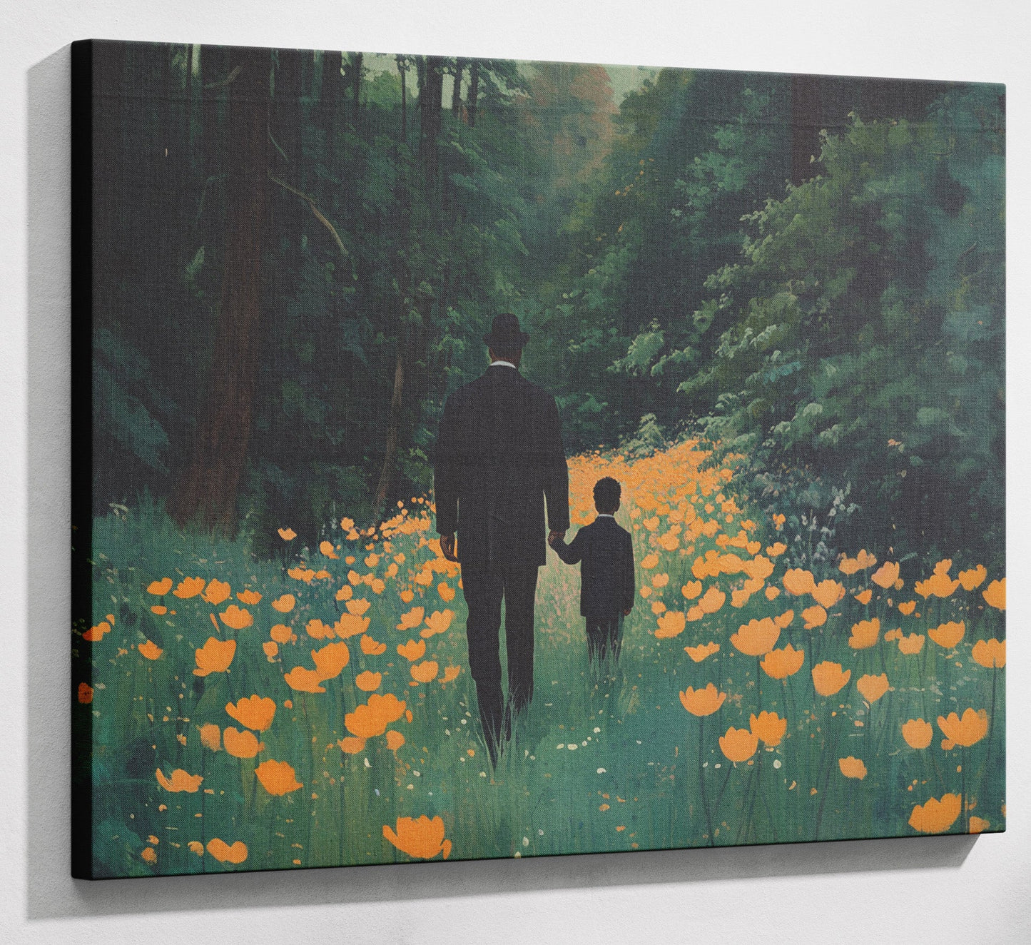 Black Father and Child Flower Field Black family wall art canvas print with visible wall art format