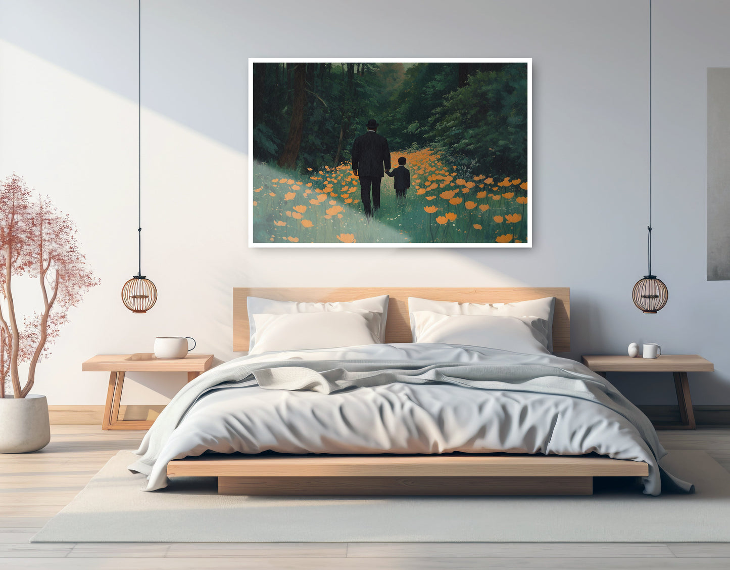 Black Father and Child Flower Field Black family wall art artwork view