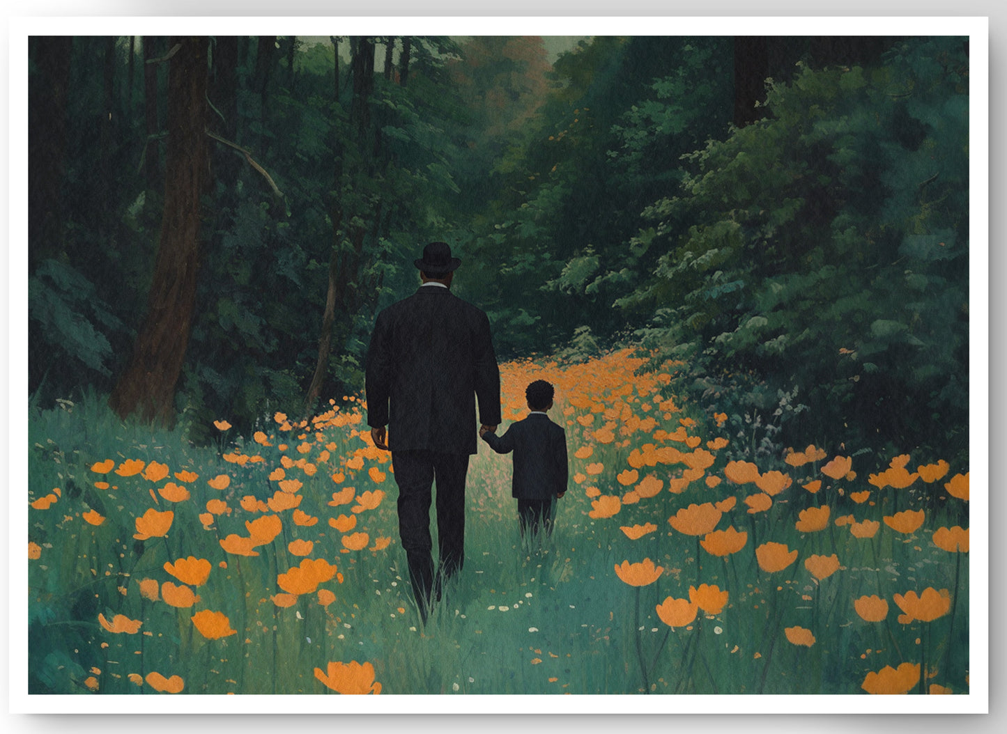 Black Father and Child Flower Field Black family wall art canvas print by MoomZee Artwork