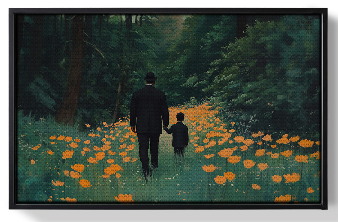 Framed Black Father and Child Flower Field Black family wall art for home decor