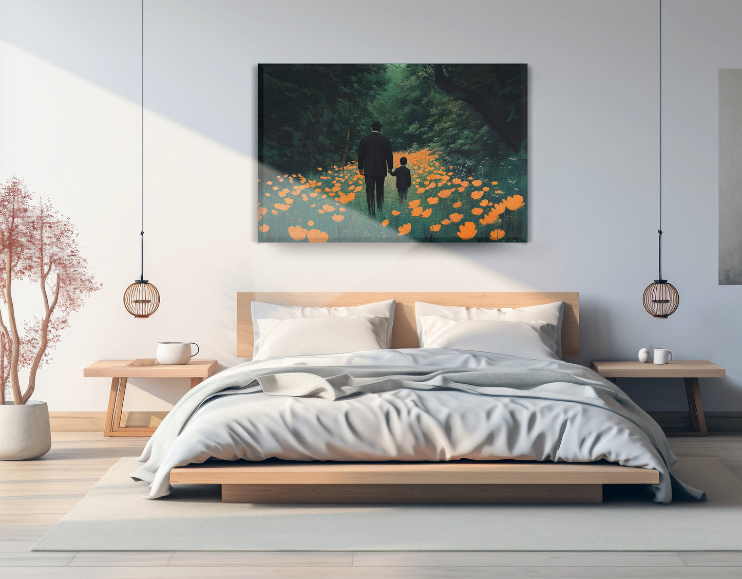 Black Father and Child Floral Path Black family wall art displayed as bedroom wall decor