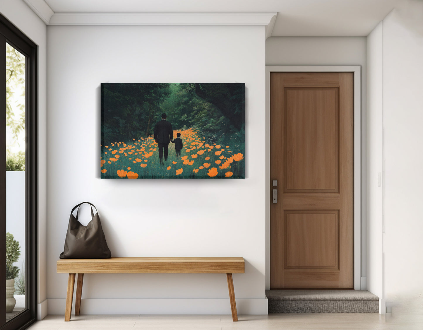 Black Father and Child Floral Path Black family wall art displayed as entryway wall decor