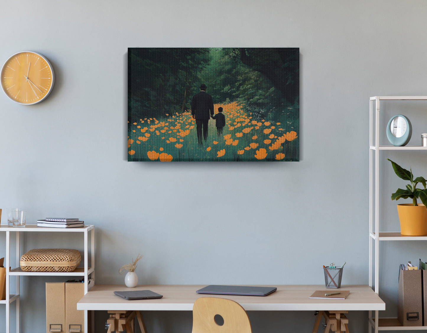 Black Father and Child Floral Path Black family wall art displayed as office wall decor