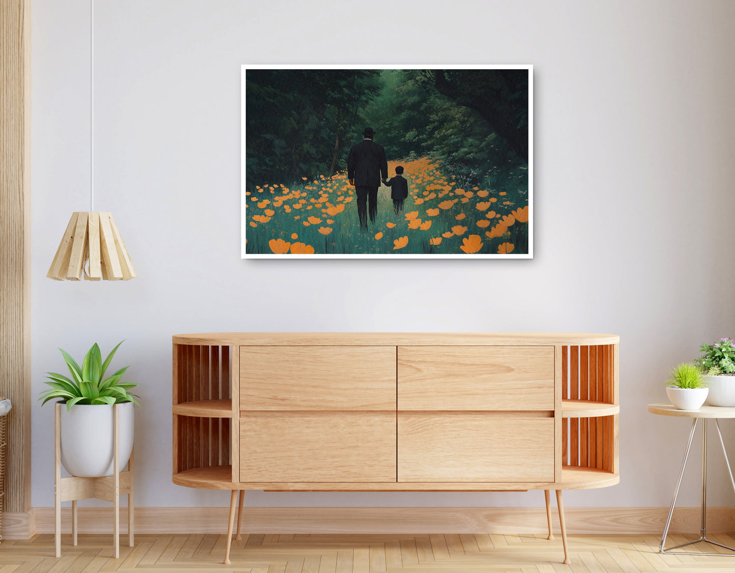 Alternate view of Black Father and Child Floral Path Black family wall art canvas print