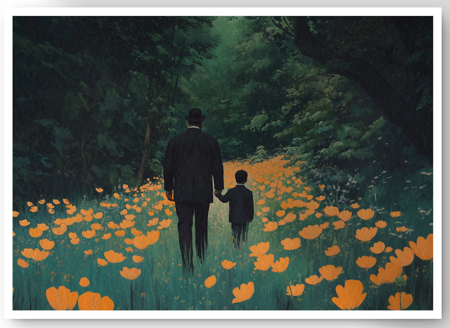 Black Father and Child Floral Path Black family wall art canvas print by MoomZee Artwork