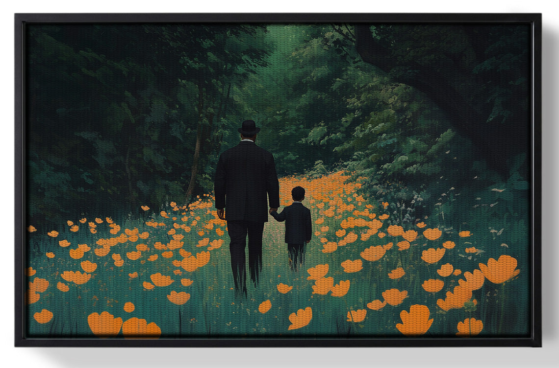 Framed Black Father and Child Floral Path Black family wall art for home decor