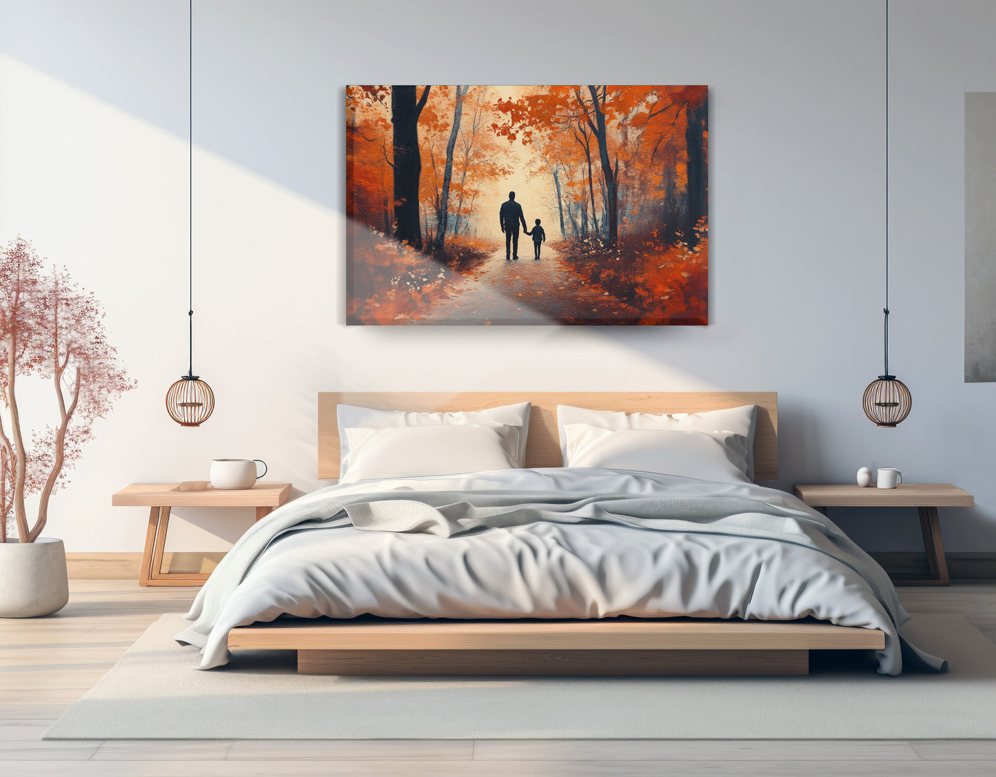Black Father and Child Autumn Walk Black family wall art displayed as bedroom wall decor