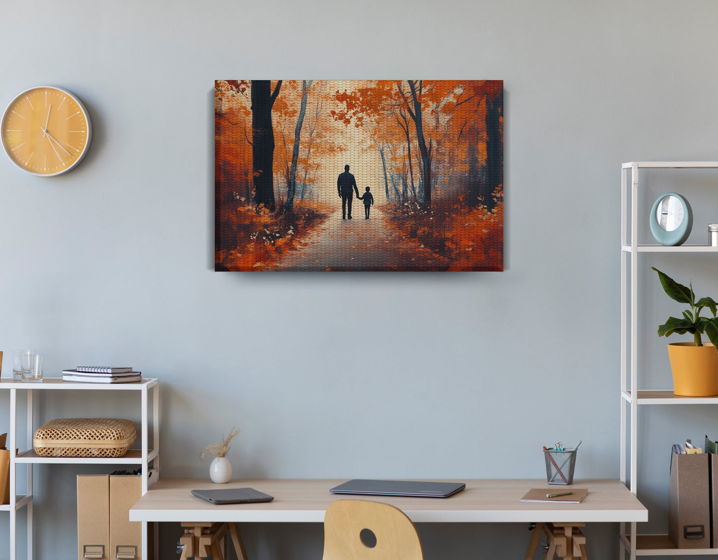 Black Father and Child Autumn Walk Black family wall art displayed as office wall decor