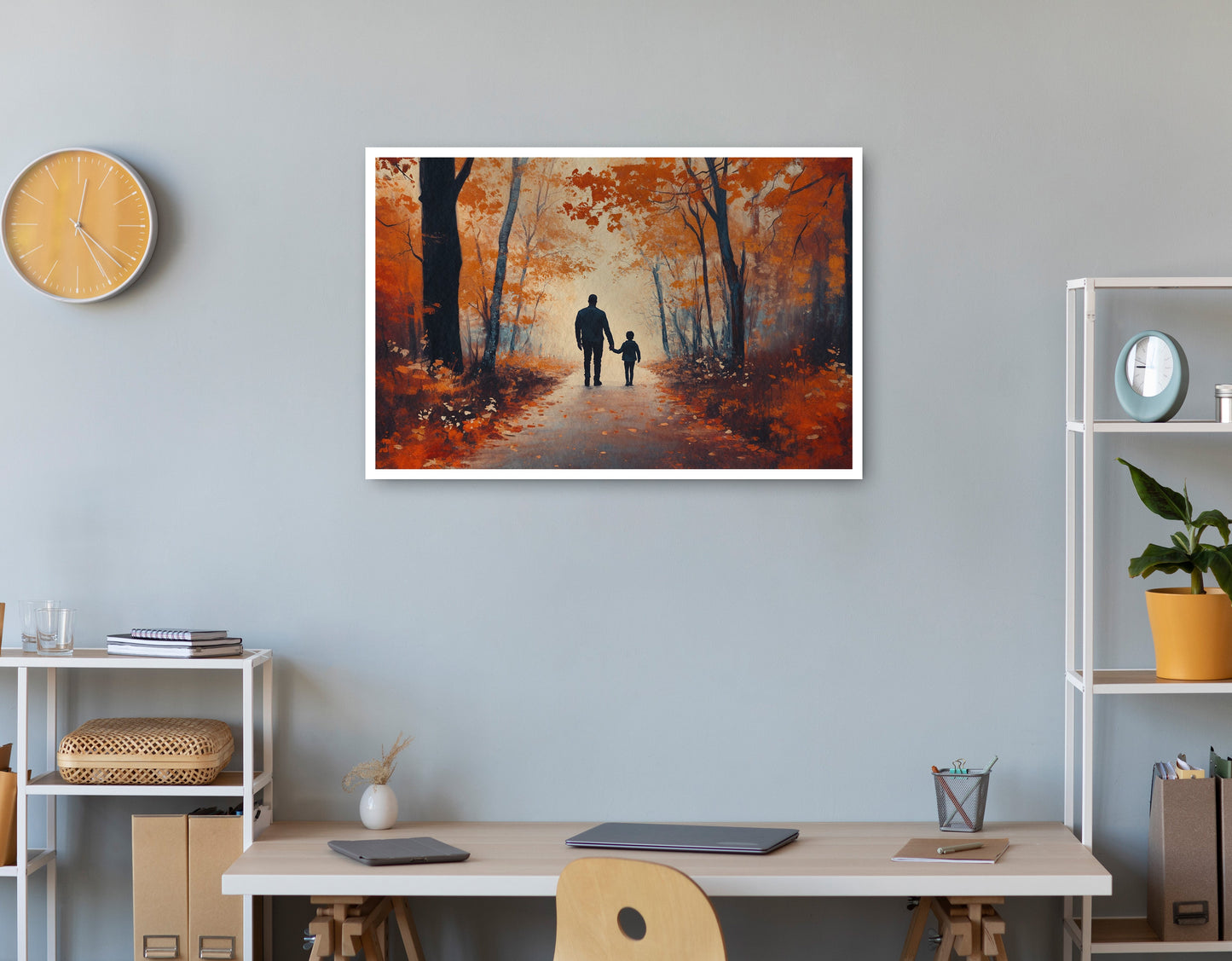 Black Father and Child Autumn Walk Black family wall art print view