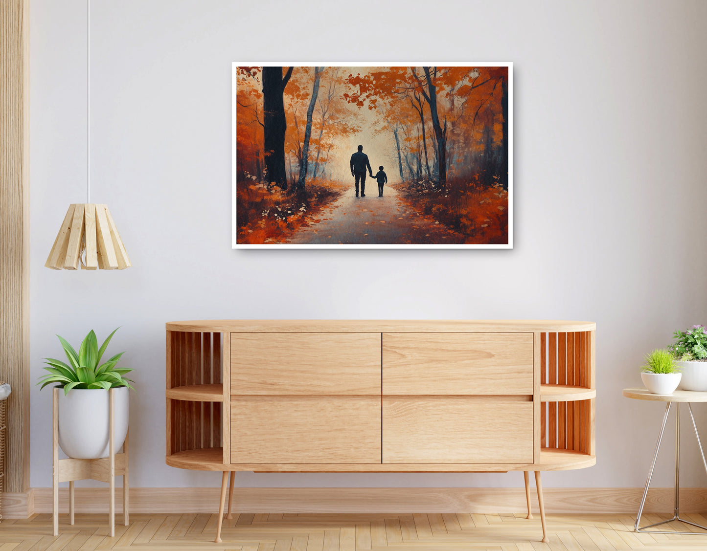 Alternate view of Black Father and Child Autumn Walk Black family wall art canvas print
