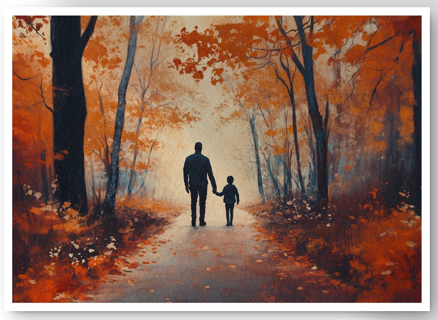 Black Father and Child Autumn Walk Black family wall art canvas print by MoomZee Artwork