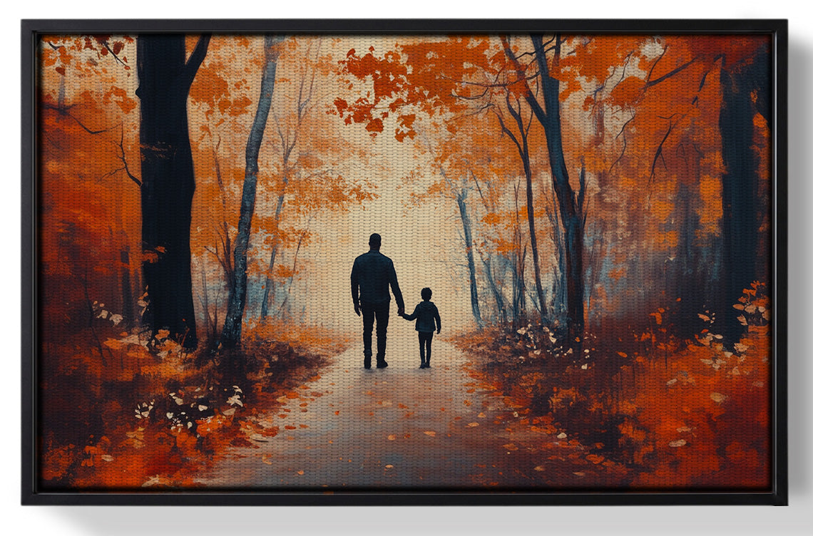 Framed Black Father and Child Autumn Walk Black family wall art for home decor