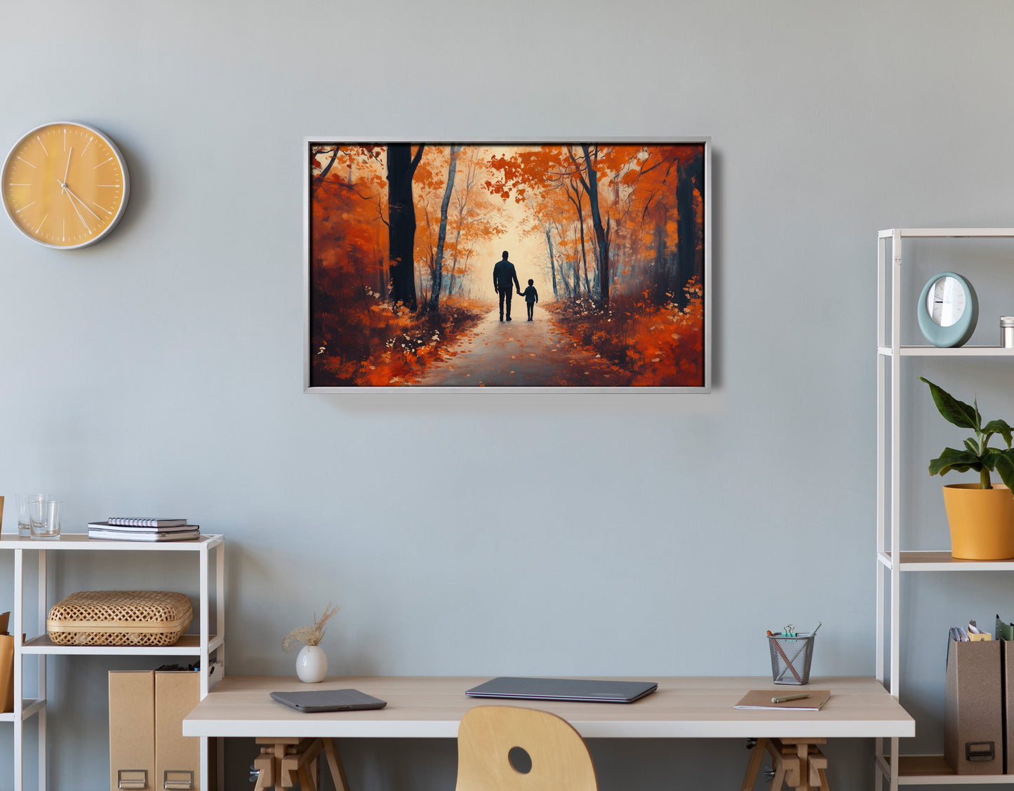 Black Father and Child Autumn Walk Black family wall art view 60