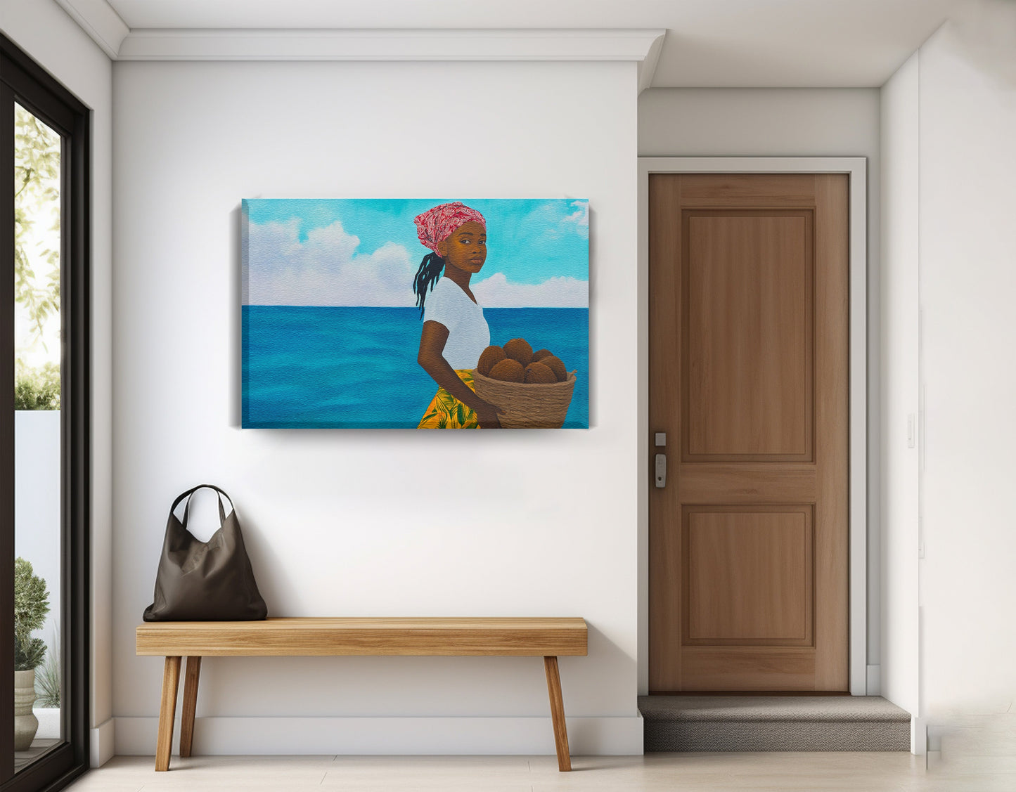 Black Girl Beach Portrait Black children wall art displayed as entryway wall decor