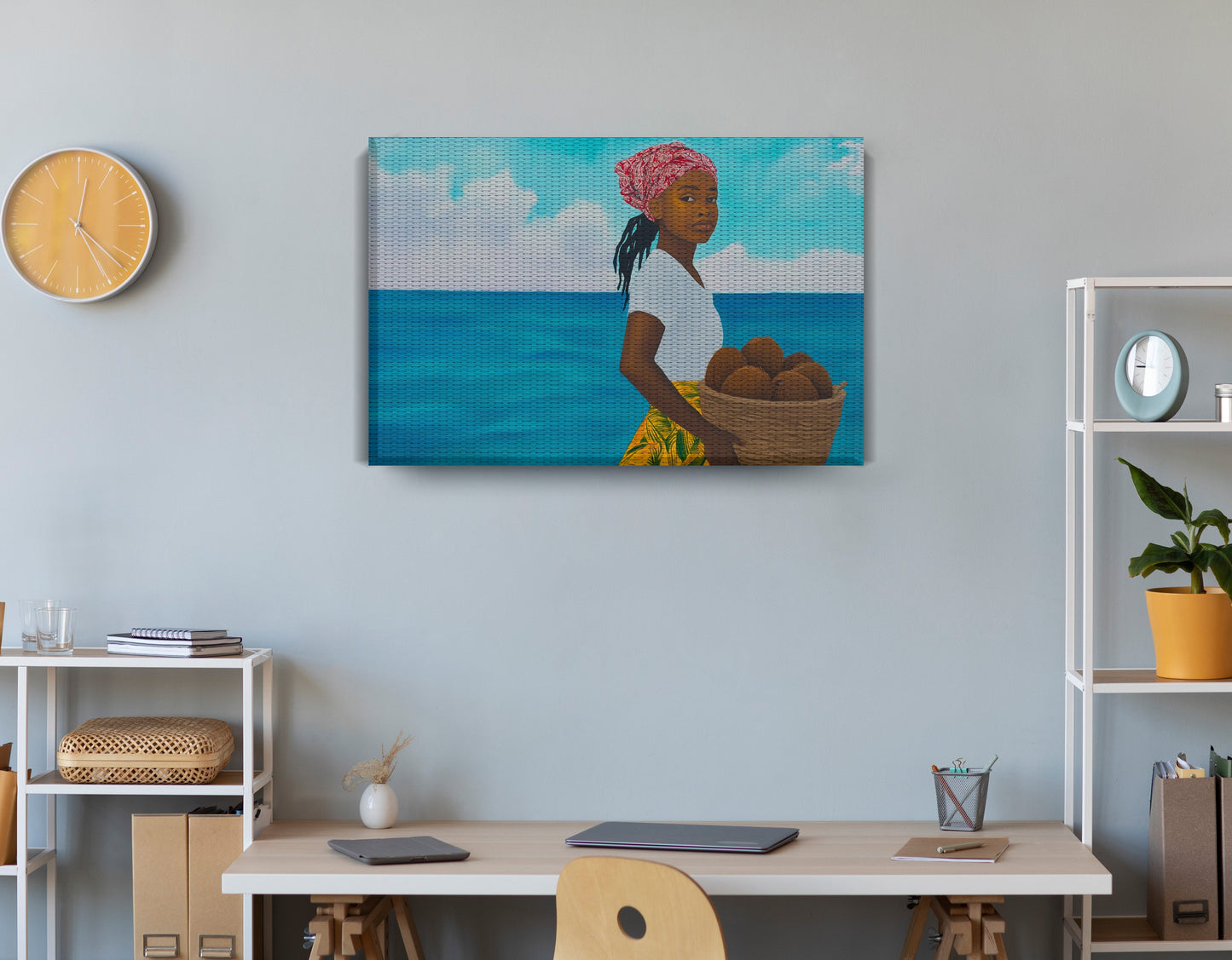 Black Girl Beach Portrait Black children wall art displayed as office wall decor