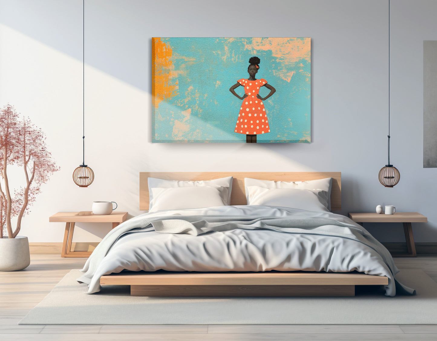 Black Girl Orange Dress Black children wall art displayed as bedroom wall decor