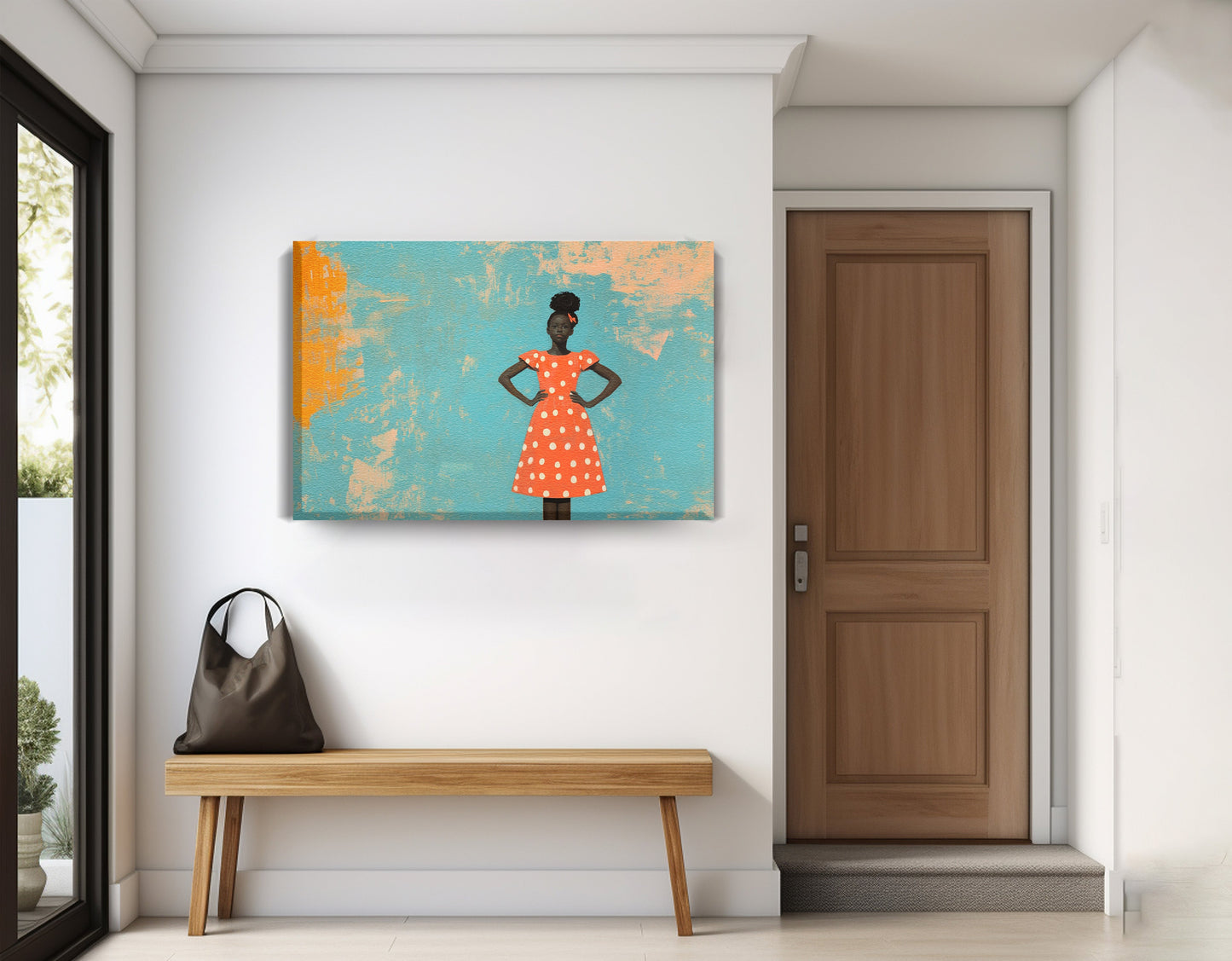 Black Girl Orange Dress Black children wall art displayed as entryway wall decor