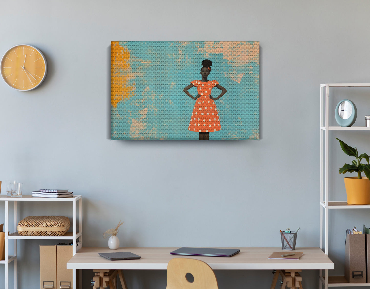 Black Girl Orange Dress Black children wall art displayed as office wall decor