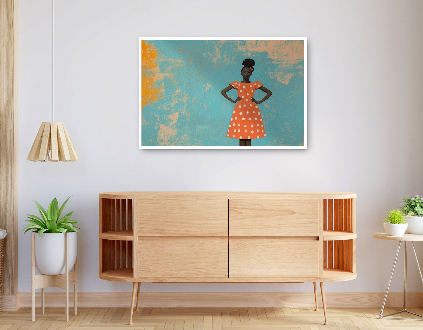 Alternate view of Black Girl Orange Dress Black children wall art canvas print