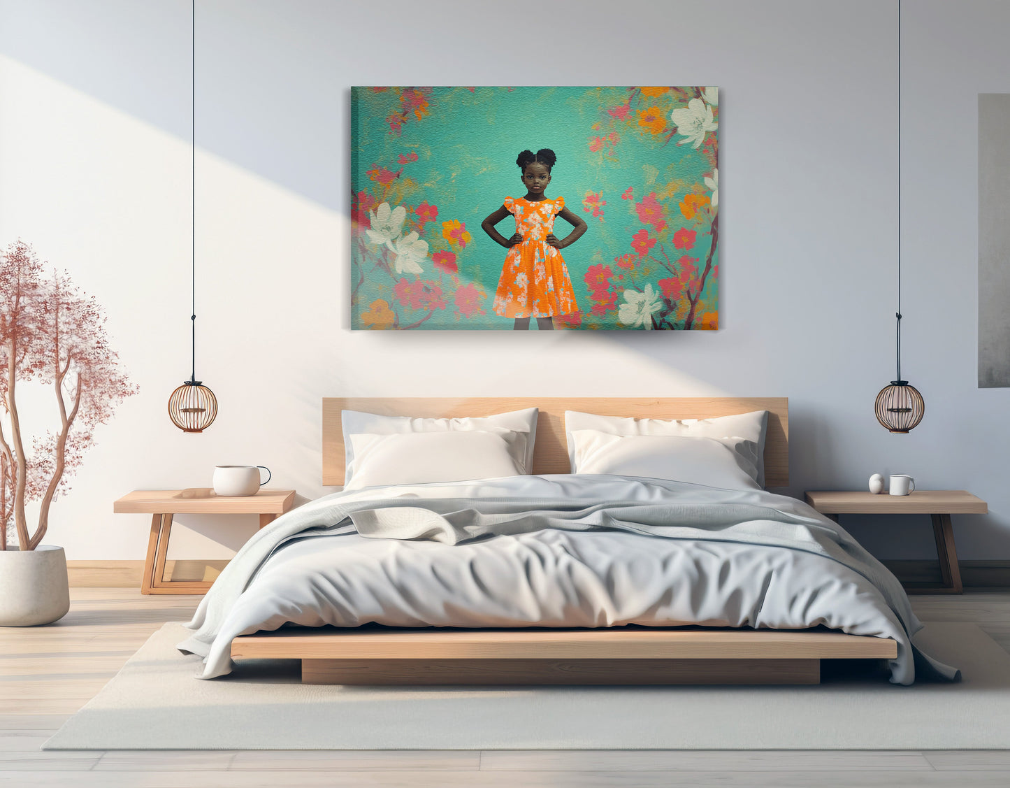 Black Girl Floral Dress Black children wall art displayed as bedroom wall decor