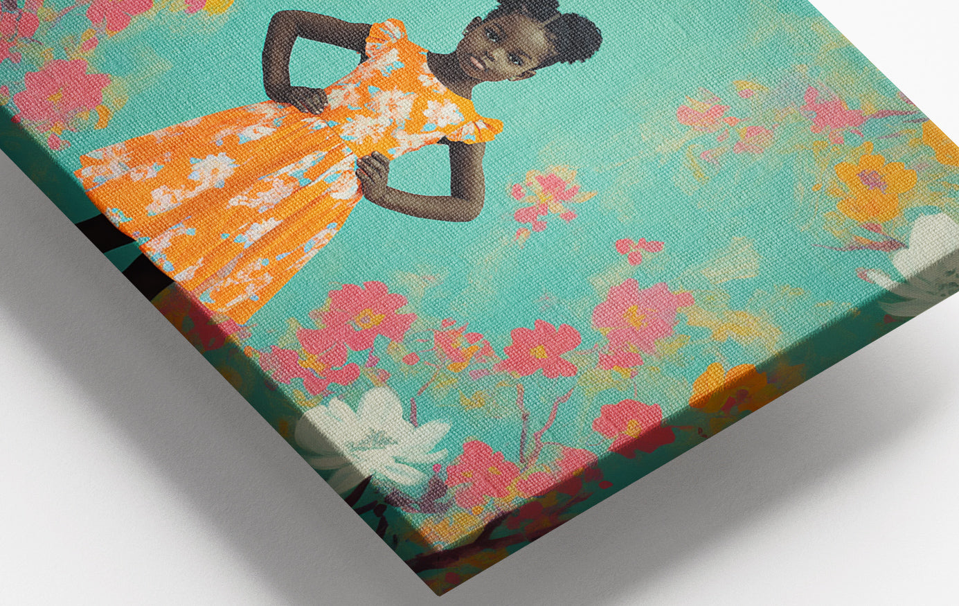 Close-up of Black Girl Floral Dress Black children wall art detail