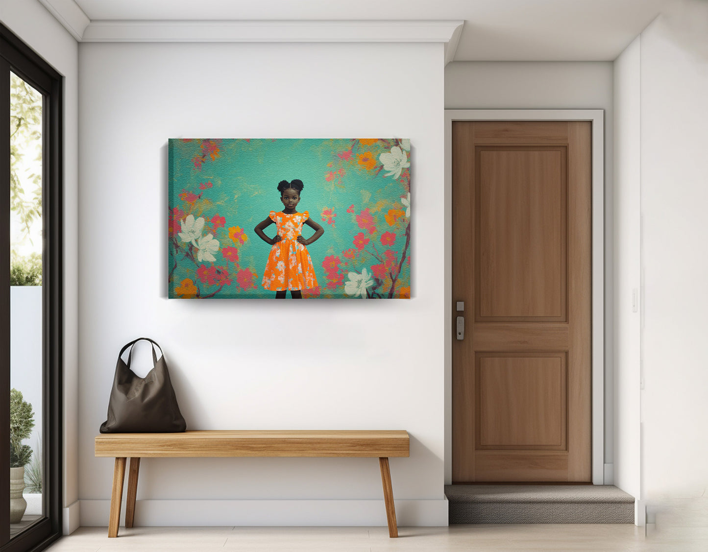 Black Girl Floral Dress Black children wall art displayed as entryway wall decor