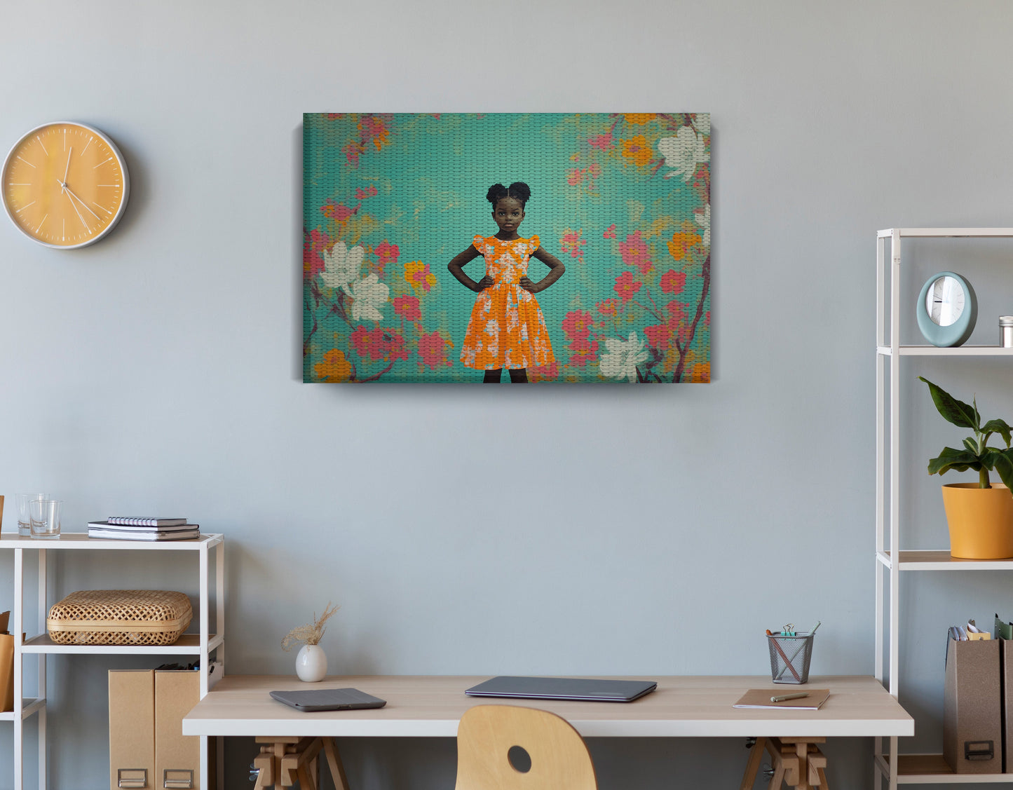 Black Girl Floral Dress Black children wall art displayed as office wall decor