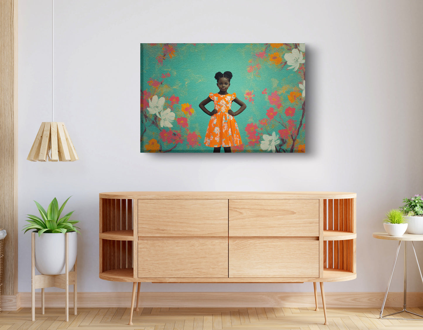 Black Girl Floral Dress Black children wall art displayed as living room wall decor