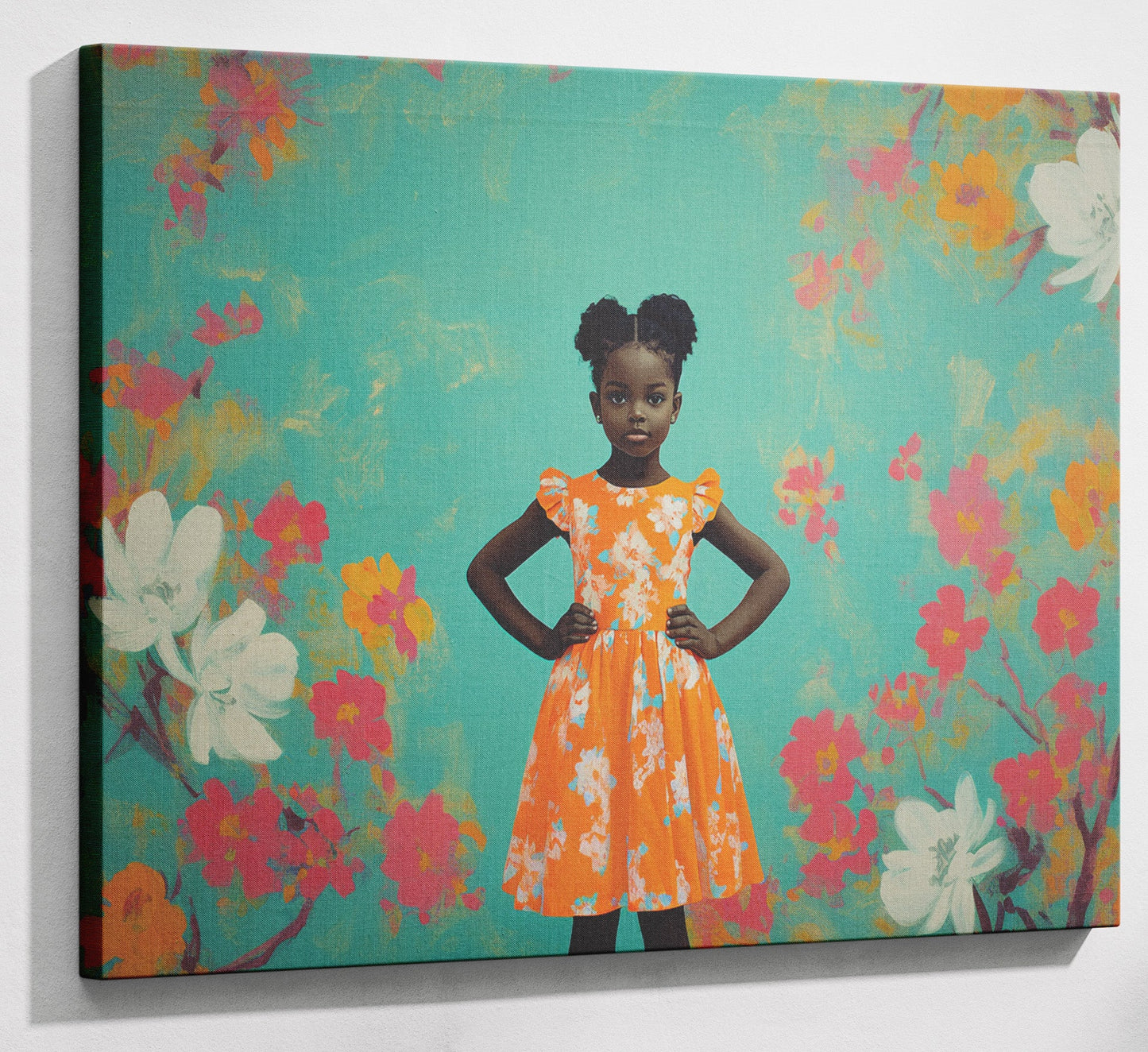Black Girl Floral Dress Black children wall art canvas print with visible wall art format