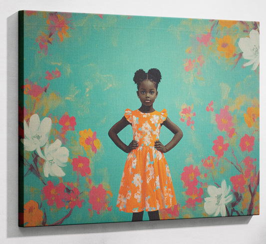 Black Girl Floral Dress Black children wall art canvas print with visible wall art format