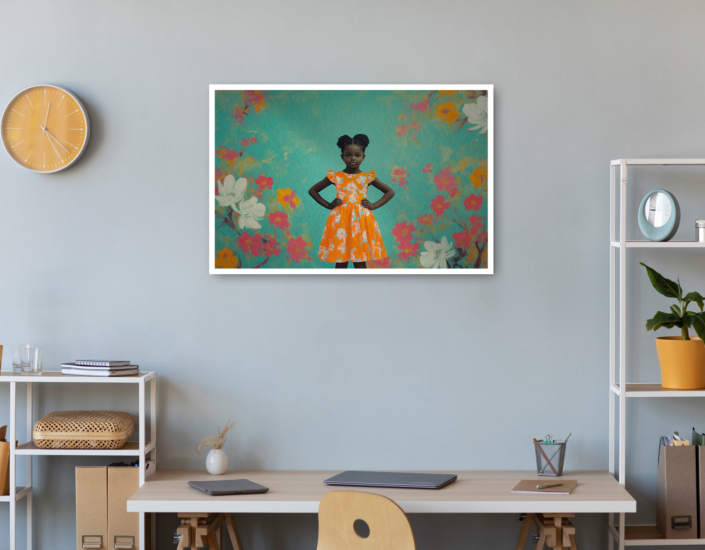 Black Girl Floral Dress Black children wall art print view