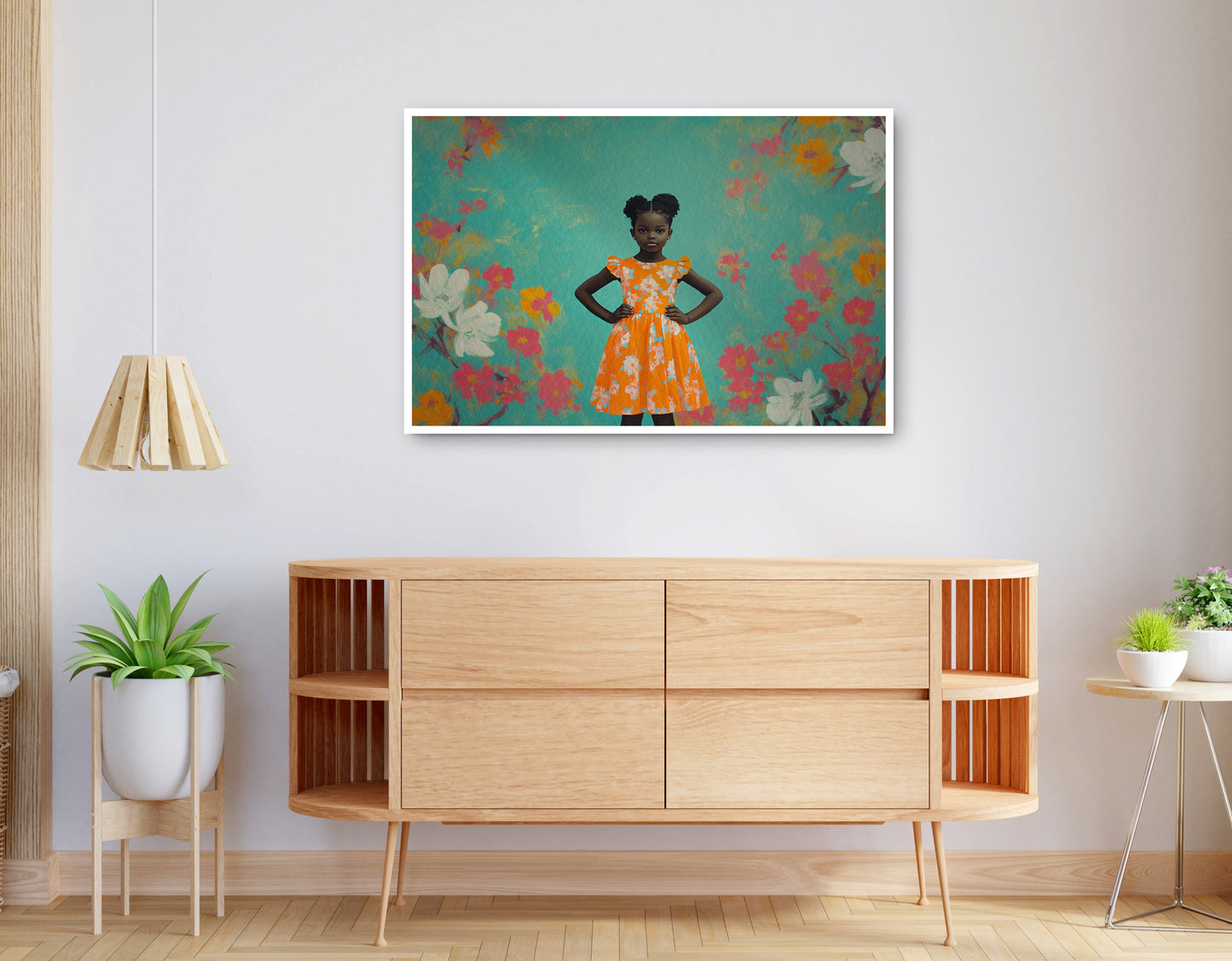 Alternate view of Black Girl Floral Dress Black children wall art canvas print