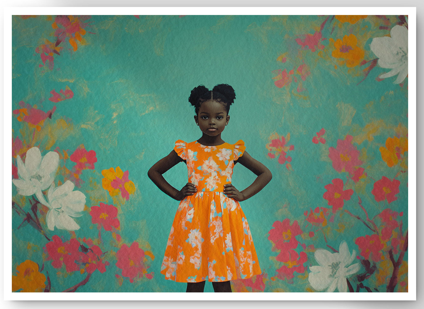 Black Girl Floral Dress Black children wall art canvas print by MoomZee Artwork