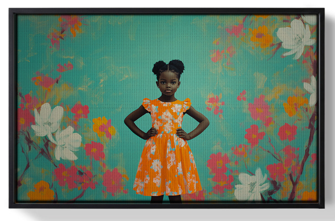 Framed Black Girl Floral Dress Black children wall art for home decor