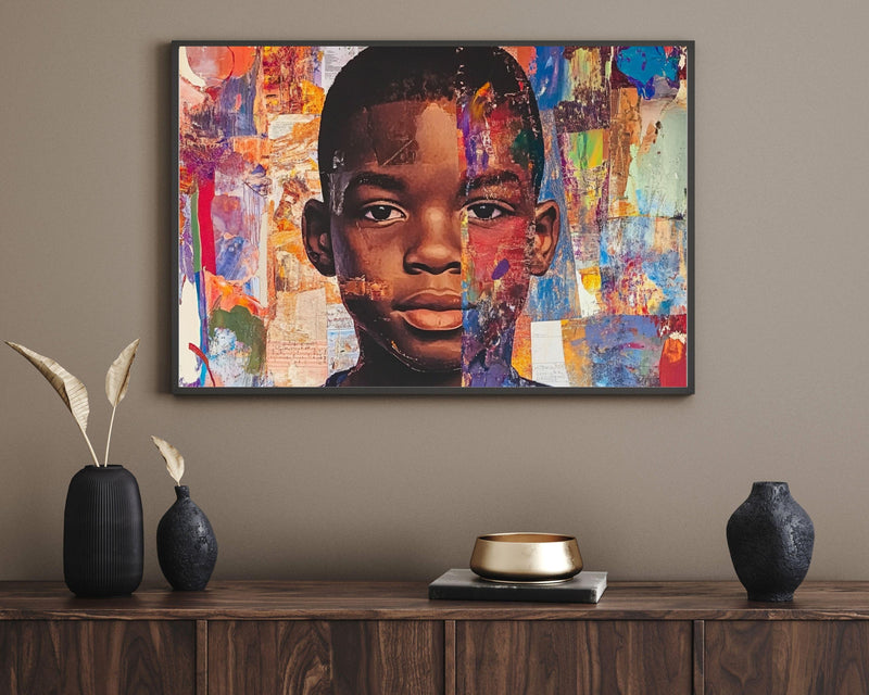 Black boy wall art in modern bedroom – African American abstract art