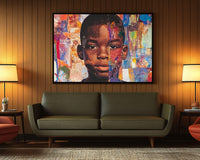 Black boy wall art displayed in modern living room – African American canvas decor