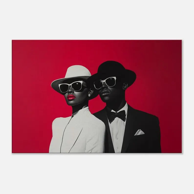 Stylish Black couple art in black and white with red background.