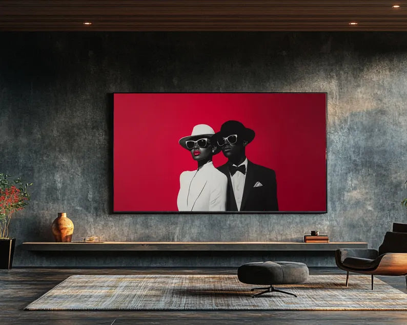 Modern wall decor featuring elegant African American couple in hats.