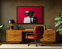 Red background artwork of stylish couple with sunglasses and hats.