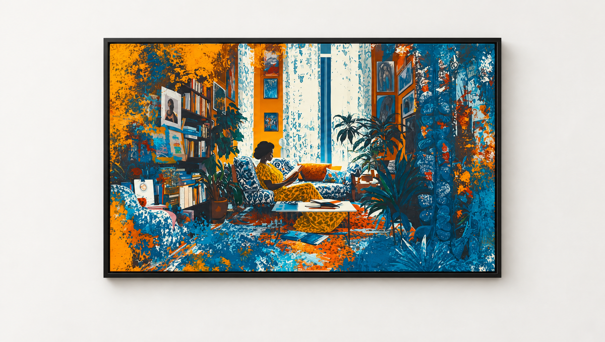 Black Woman Reading African American wall art in a black frame, front view