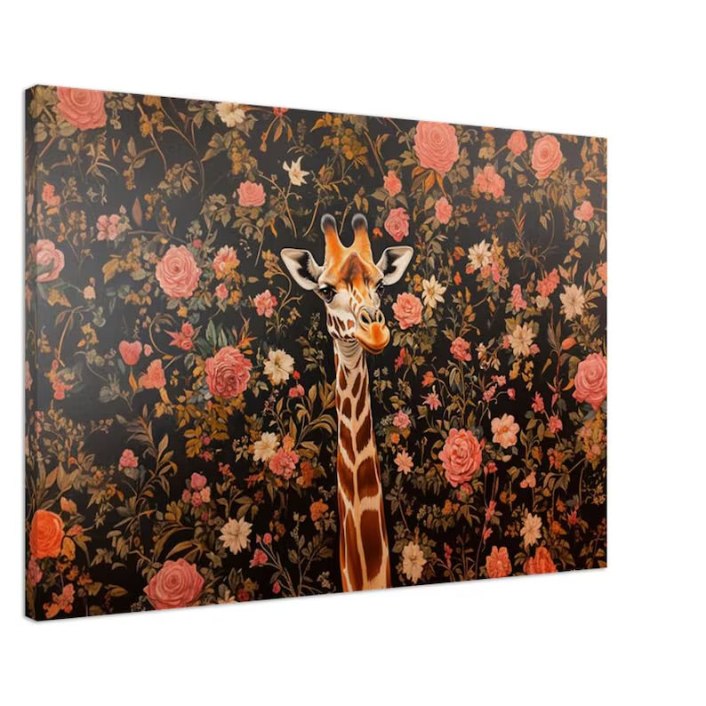 Elegant giraffe wall art with vintage floral background in rich colors.
