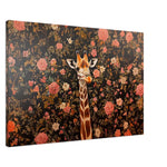 Elegant giraffe wall art with vintage floral background in rich colors.