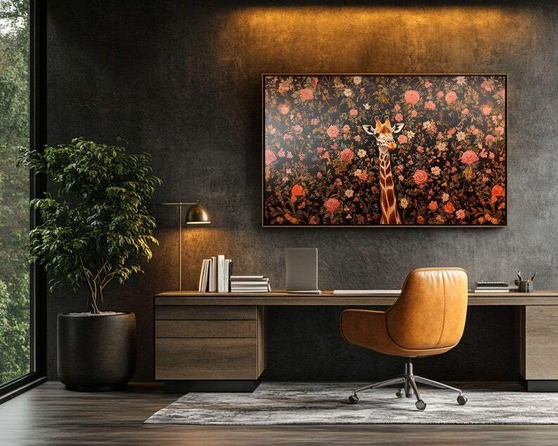 Boho floral decor canvas with giraffe portrait on dark botanical pattern.