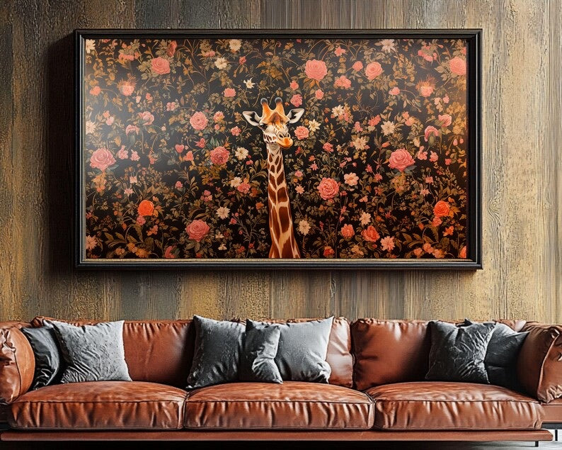 Nature-inspired giraffe canvas on botanical floral background.